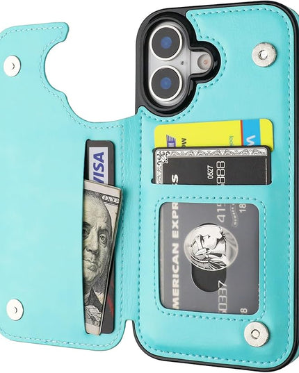 ONETOP Compatible with iPhone 17 Wallet Case with Card Holder, PU Leather Kickstand Card Slots Case, Double Magnetic Clasp and Durable Shockproof Cover 6.1 Inch (Light Blue)