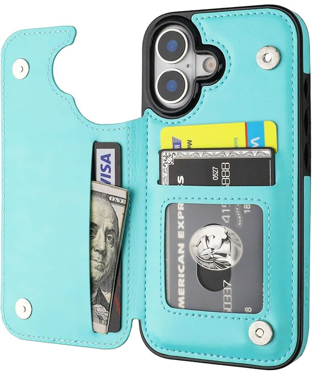 ONETOP Compatible with iPhone 17 Wallet Case with Card Holder, PU Leather Kickstand Card Slots Case, Double Magnetic Clasp and Durable Shockproof Cover 6.1 Inch (Light Blue)