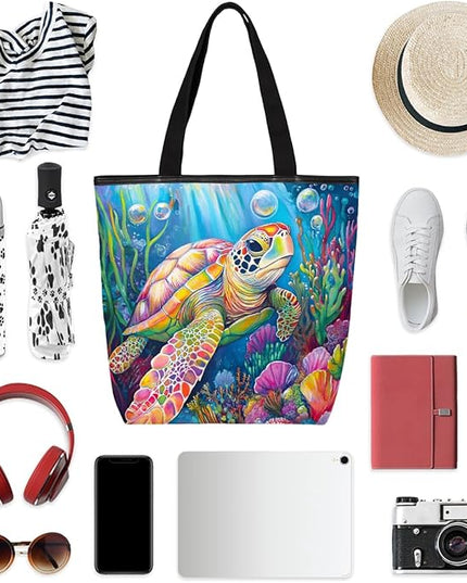 Pardick Canvas Tote Bags, Ocean Turtle Tote Bag Eco Friendly Reusable Grocery Shopping Bagsfor Beach, Books, Women with Zipper Inner Pocket