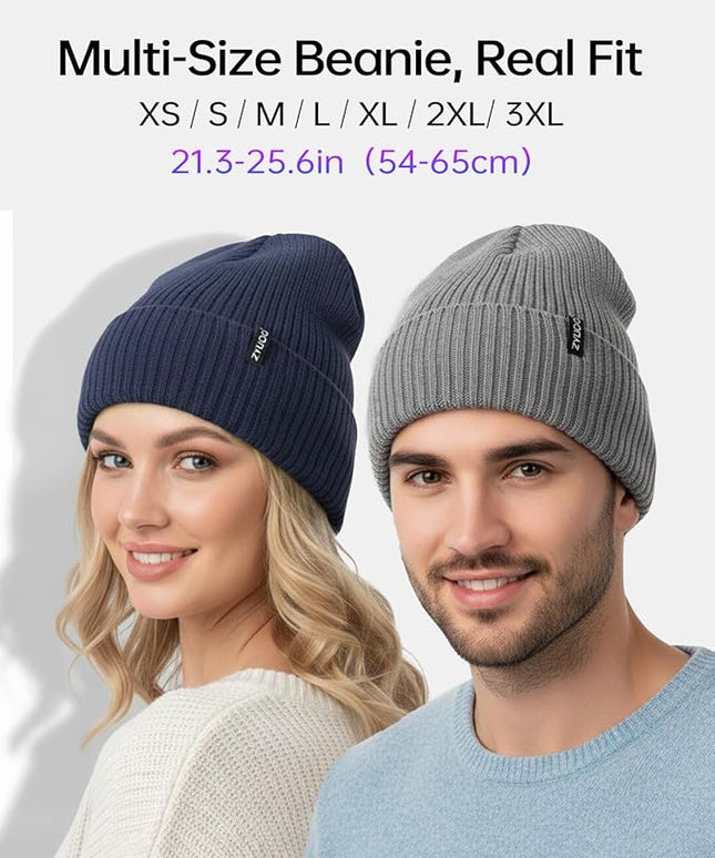 Zylioo Plus Size Fleece Lined Beanie Hat,2XL/XL/L/M/S Thermal Knitted Hat,Winter Warm Lined Snow Hats for Women Men