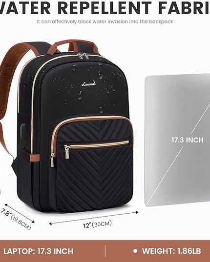 LOVEVOOK Laptop Backpack for Women 17.3 inch,Cute Womens Travel Backpack Purse,Professional Laptop Computer Bag,Waterproof Work Business College Teacher Bag Carry on Backpack with USB Port,Black Brown