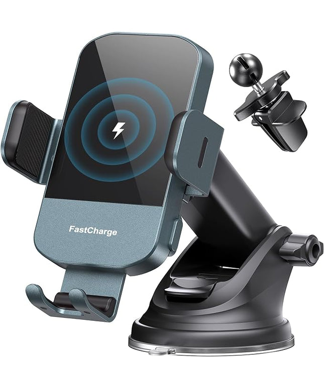 CHGeek Wireless Car Charger, 15W Fast Charging Auto Clamping Car Charger Phone Mount Phone Holder fit for iPhone 15 14 13 12 11 Pro Max Xs, Samsung Galaxy S25 Ultra S24 S23 S22, S21, S20, Green