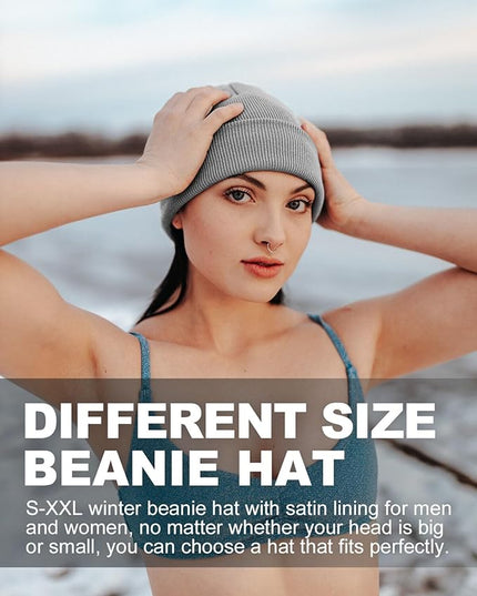 Zylioo Plus Size Fleece Lined Beanie Hat,2XL/XL/L/M/S Thermal Knitted Hat,Winter Warm Lined Snow Hats for Women Men