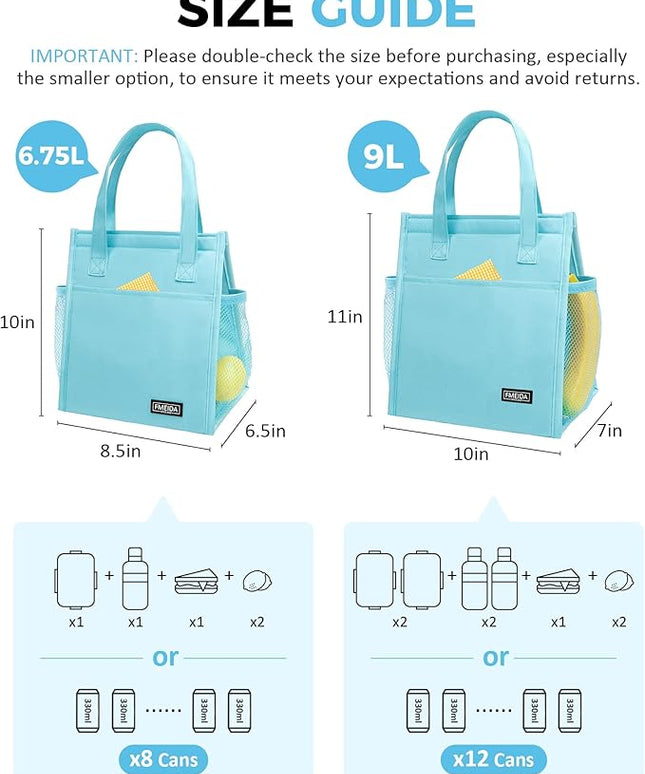 Fmeida Insulated Lunch Bag Women Men, 9L Large Lunch Bags with Multiple Pockets, Reusable Thermal Cooler Tote for Work, Office, Picnic, Travel | Hook and Loop Closure, Sky Blue