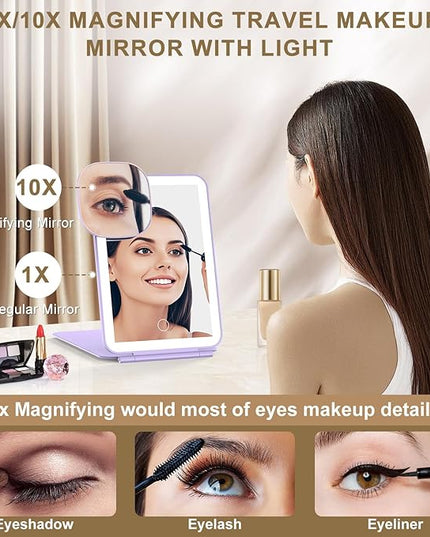 LED Foldable Travel Makeup Mirror - 5x7 inches3 Colors Light Modes USB Rechargeable Touch Screen, Portable Tabletop Cosmetic Mirror for Travel, Cosmetic, Office (Violet)