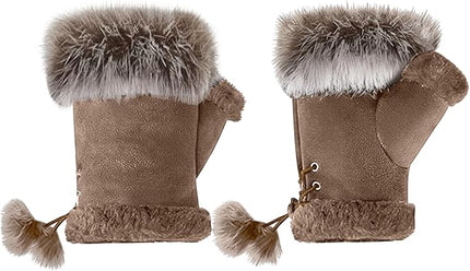 SATINIOR Women Fur Fingerless Gloves Winter Rabbit Fur Lined Half Finger Mittens for Women Girls Teen Working Writing