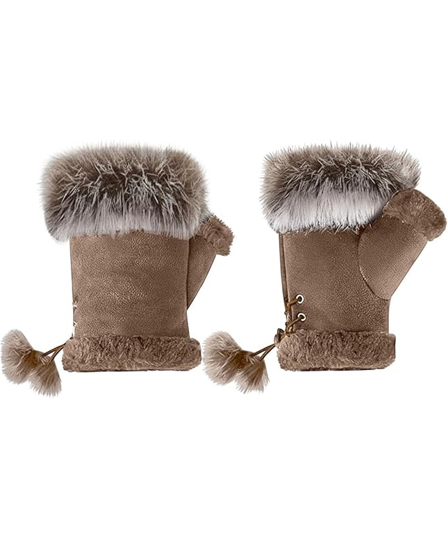 SATINIOR Women Fur Fingerless Gloves Winter Rabbit Fur Lined Half Finger Mittens for Women Girls Teen Working Writing