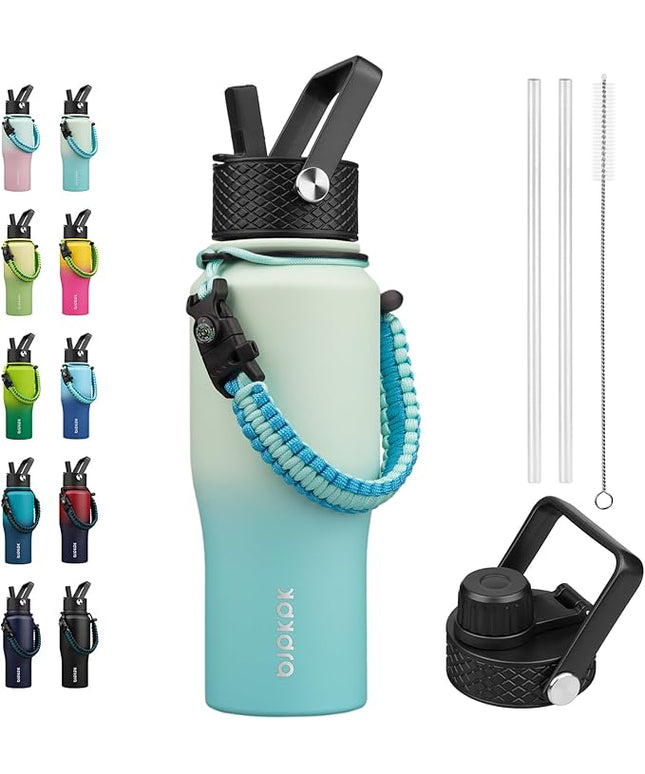 BJPKPK Insulated Water Bottles with Straw Lid, 23oz Metal Water Bottle with 2 lids & Paracord Strap, Double Wall Stainless Steel Vacuum Tumblers, Cups, Mugs, Thermo for Hot& Cold Drinks, Mint