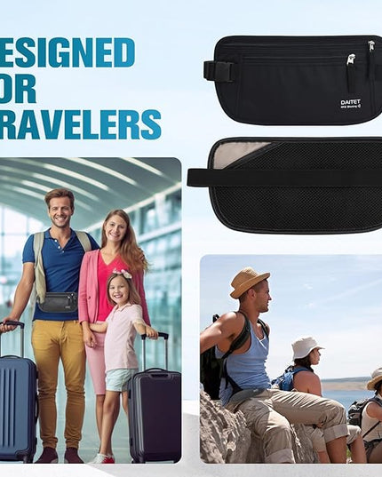 PU Leather Money Belt - Passport Holder Secure Hidden Travel Wallet with RFID Blocking, Undercover Fanny Pack(Black)
