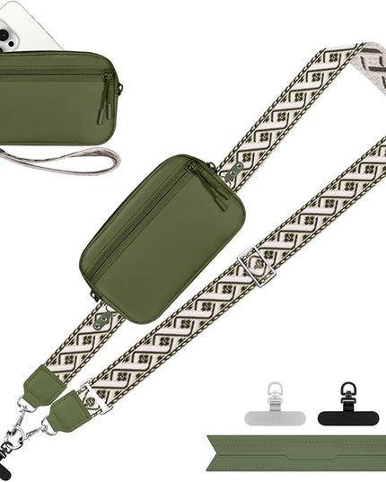 Clip and Go Strap for Phone with Wallet Crossbody, Adjustable Phone Lanyard with Detachable RFID Wristlet Wallet, Pattern Strap - Olive Green(L)