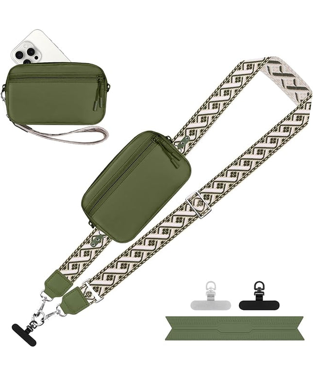 Clip and Go Strap for Phone with Wallet Crossbody, Adjustable Phone Lanyard with Detachable RFID Wristlet Wallet, Pattern Strap - Olive Green(L)