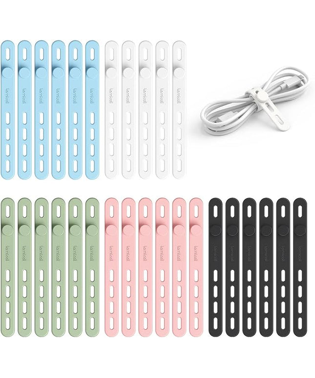 Lamicall 30Pack Silicone Cable Ties Cord Organizer, Multi Color Elastic Cable Management Wraps, Home Decor Organizer Ties Accessories for Phone Charger Electrical Cord, Chritsmas Travel Essentials