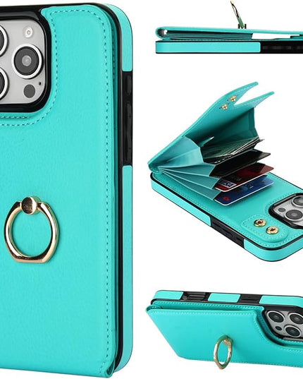 Folosu Compatible with iPhone 16 Pro Max Case Wallet with Card Holder, 360°Rotation Finger Ring Holder Kickstand, RFID Blocking Leather Protective Double Buttons Shockproof Cover 6.9 Inch Mint Green