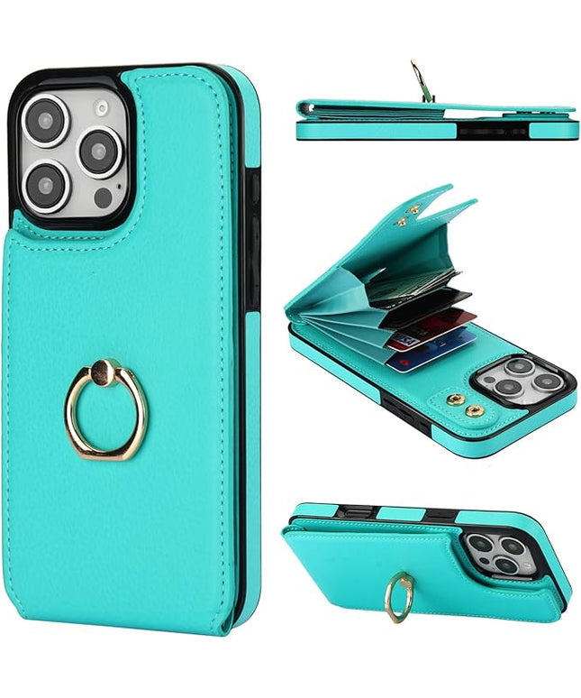 Folosu Compatible with iPhone 16 Pro Max Case Wallet with Card Holder, 360°Rotation Finger Ring Holder Kickstand, RFID Blocking Leather Protective Double Buttons Shockproof Cover 6.9 Inch Mint Green