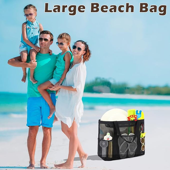 Mesh Beach Bag, Large Beach Tote with Zipper Pocket, Toys Pool Bag for Family Travel Vacation Cruise Essentials
