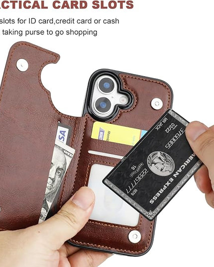 ONETOP Compatible with iPhone 17 Wallet Case with Card Holder, PU Leather Kickstand Card Slots Case, Double Magnetic Clasp and Durable Shockproof Cover 6.3 Inch (Brown)