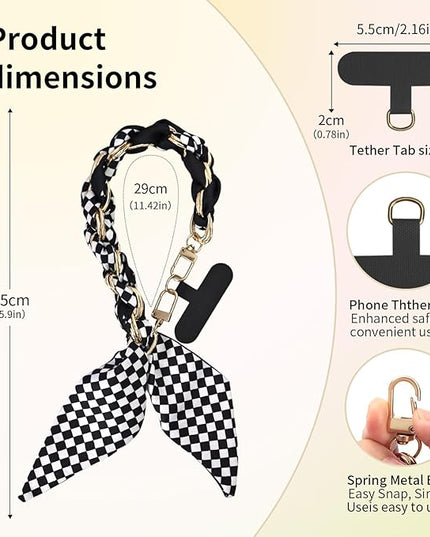 Fycyko Phone Wrist Strap with Gold Metal Scarf and Universal Tether Tab, Aesthetic Print Design Ribbon Chain, Multi-Purpose Accessories for Bag Key Cellphone for Men Women Girls-Black Checkerboard