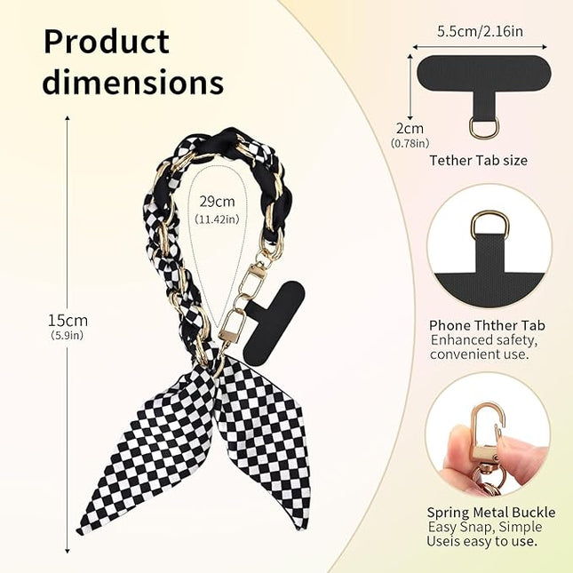 Fycyko Phone Wrist Strap with Gold Metal Scarf and Universal Tether Tab, Aesthetic Print Design Ribbon Chain, Multi-Purpose Accessories for Bag Key Cellphone for Men Women Girls-Black Checkerboard