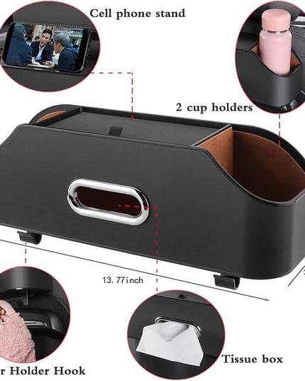 HOLDCY Car Back Seat Organizer with 2 Drink Cup Holder - Tissue Box and Storage Box Hook - Multi-functional Storage - Great for Kids and Travel (Black)