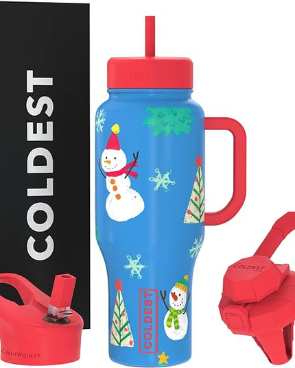 Coldest Tumbler with Handle and Straw, 100% Leak Proof Insulated Tumbler with Lid and Straw (3 Lids), Stainless Steel Tumblers for Women & Men, Cup Holder Friendly Base, 36 oz (Mr. Snowie)