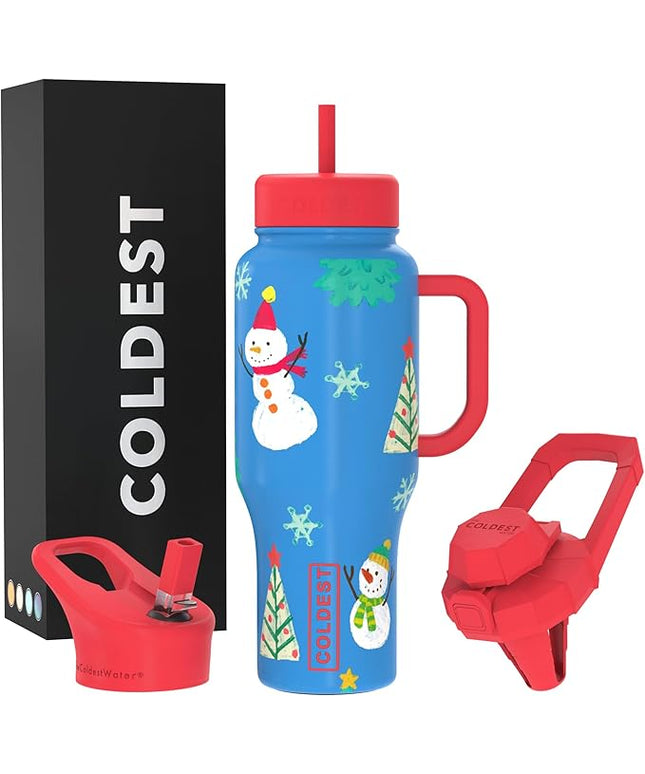 Coldest Tumbler with Handle and Straw, 100% Leak Proof Insulated Tumbler with Lid and Straw (3 Lids), Stainless Steel Tumblers for Women & Men, Cup Holder Friendly Base, 36 oz (Mr. Snowie)