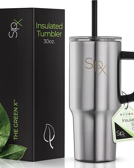 SIPX™ 30 oz Insulated Tumbler with Handle & Straw – Vacuum Insulated Stainless Steel, Leakproof, Cupholder Friendly – Perfect for Iced Coffee, Water & Travel – Stainless