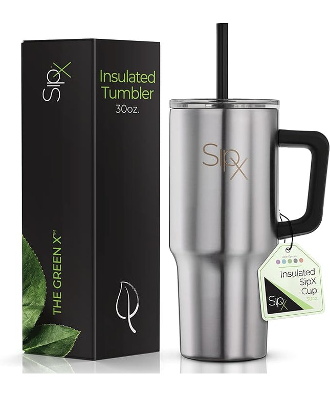 SIPX™ 30 oz Insulated Tumbler with Handle & Straw – Vacuum Insulated Stainless Steel, Leakproof, Cupholder Friendly – Perfect for Iced Coffee, Water & Travel – Stainless