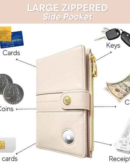 elzama Passport Holder with Airtag Slot for Travel Women, RFID Passport Wallet with Airtag Holder, Zipper Pocket Card Slots Pen Holder & Airtags Keychain (Air tag Not Included) Ivory