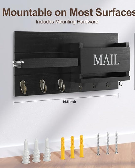 Lwenki Mail Organizer for Wall Mount – Key Holder with Shelf Includes Letter Holder and Hooks for Hallway Farmhouse Decor – Rustic Wood with Flush Mounting Hardware (16.5” x 9.1” x 3.4”) (Black)
