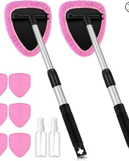 Baderke 10 Pcs Windshield Cleaner Tool Car Window Cleaning Supplies with Extendable Handle Include 6 Washable Microfiber Bonnets 2 Empty 60ml Spray Bottle Glass Wiper Kit(Pink)