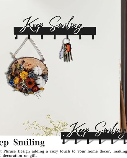 ShowMtheM Exquisite Fashion Phrase Key Holder Wall Mount,Keep Smiling Key Kooks for Wall Decoration,Black Metal Key Hanger with 7 Kooks for Entryway,Office,Living Room Decor
