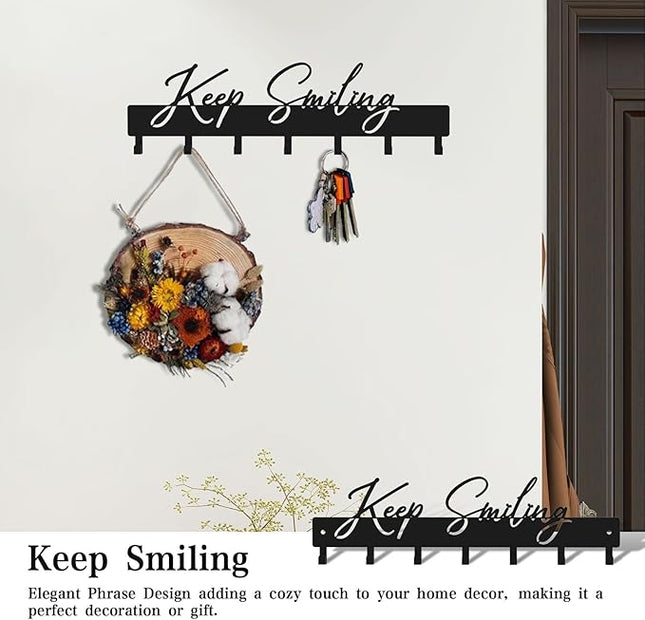 ShowMtheM Exquisite Fashion Phrase Key Holder Wall Mount,Keep Smiling Key Kooks for Wall Decoration,Black Metal Key Hanger with 7 Kooks for Entryway,Office,Living Room Decor