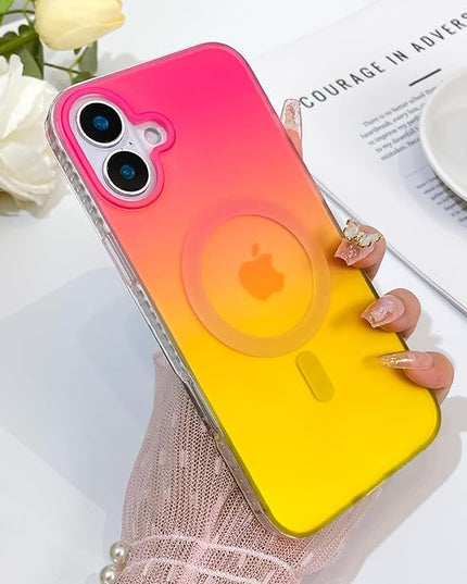 Aesthetic Case for iPhone 16 Plus Case for Women Girls, Compatible with Magsafe, Cute Girly Trendy Glitter Sparkly Rainbow Magnetic Protective Phone Cover, Matte Iridescent Red & Yellow