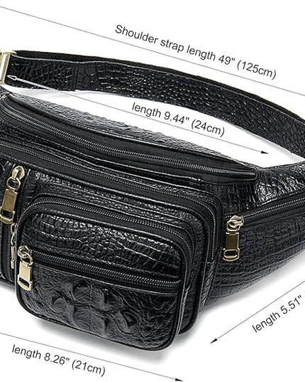 Genuine Leather Fanny Pack large capacity Crossbody Waist Bag with Zipper phone Pockets crocodile black