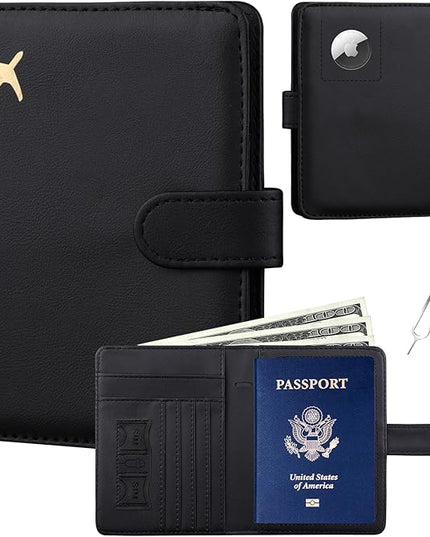 GOAUS Passport Holder for Travel with AirTag Slot Cards Cash Pocket, Faux Leather Travle Wallet Gifts for Women Men RFID Blocking Book Case Black, AirTag Not Included