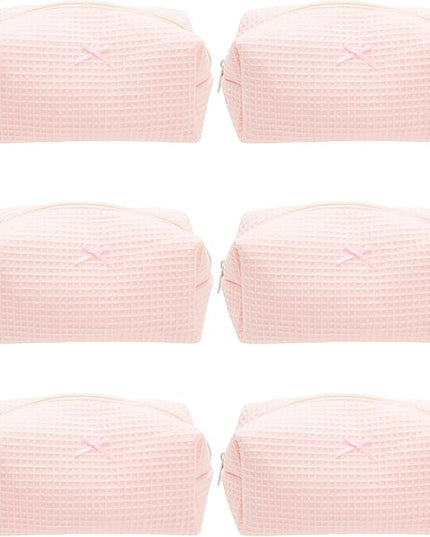 6PCS Cozy Makeup Bag Travel Cosmetic Bag for Women Soft Toiletry Bag Aesthetic Makeup Organizer Portable Large Zipper Pouch for Skincare Beauty Accessories Brushes Waffle Check Light Pink