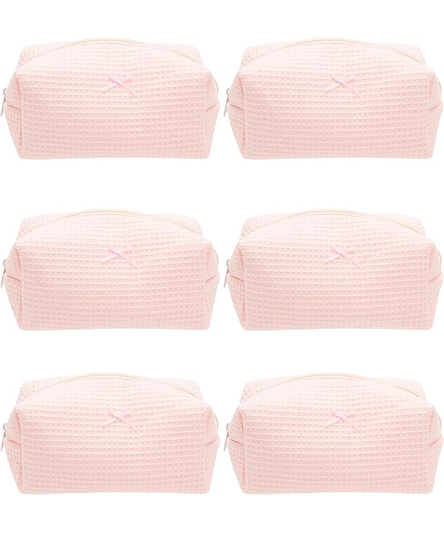 6PCS Cozy Makeup Bag Travel Cosmetic Bag for Women Soft Toiletry Bag Aesthetic Makeup Organizer Portable Large Zipper Pouch for Skincare Beauty Accessories Brushes Waffle Check Light Pink
