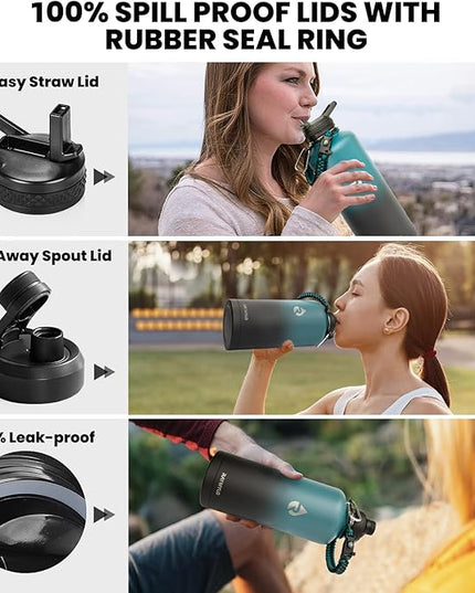 Insulated Water Bottle 87 oz, Triple Wall Vacuum Stainless Steel (Cold for 48 Hrs), Leak Proof & Non-BPA, Modern Water Flask Jug with Paracord Handle & Straw Spout Lids, Indigo/Black