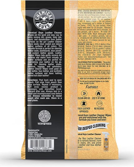Chemical Guys Leather Cleaner Wipes Mega - Interior Leather Wipes for Cars,Natural,Synthetic,Faux & Pleather Surfaces,Safe for Cars,Trucks,Furniture,Boots & More,Convenient,50 Count (Pack of 6)