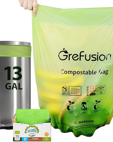 Compostable Bags,Trash bags 13+ gallon tall kitchen, Compostable Trash Lawn & Leaf Yard Waste Bags,Kitchen Compost Trash Bin Compatible,Extra Thick1.01 Mills,Certified by BPI and OK Compost(50count)