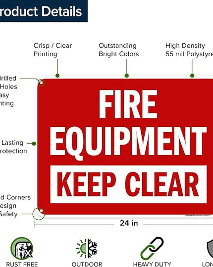 Fire Equipment Keep Clear Sign, 18x24 Inches, 55 mil thick HDPS (high density polystyrene), Made in USA by My Sign Center