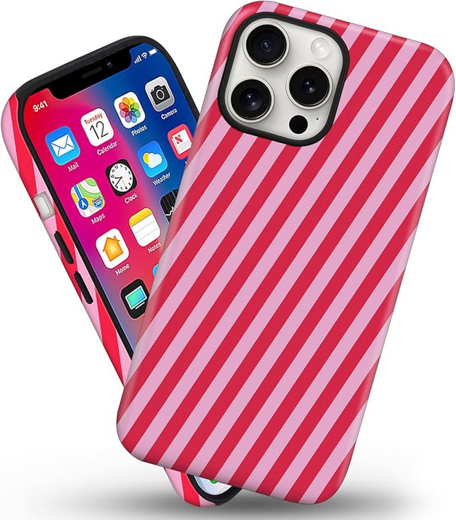 Magnetic for iPhone 13/14 Case Cute Diagonal Stripes Phone Case, Shockproof Slim TPU and Hard PC Protective Phone Cover Compatible with MagSafe Designed for Women Girls,Red
