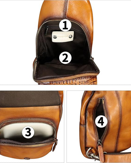 Genuine Leather Sling Bag Embossed Crocodile Pattern Leather Crossbody Sling Backpack Handmade Chest Purse Daypack (Brown)