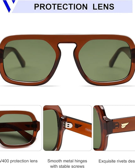 VANLINKER Oversized Retro Square Aviator Sunglasses for Women Men 70s Vintage Style Trendy Big Flat Top Sun Glasses VL9826