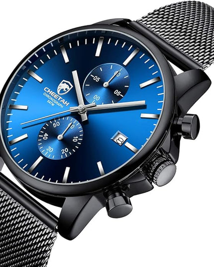 GOLDEN HOUR Mens Watch Fashion Sleek Minimalist Quartz Analog Mesh Stainless Steel Waterproof Chronograph Watches for Men with Auto Date
