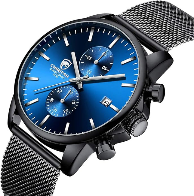 GOLDEN HOUR Mens Watch Fashion Sleek Minimalist Quartz Analog Mesh Stainless Steel Waterproof Chronograph Watches for Men with Auto Date