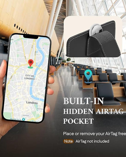 ALLIVE Passport Holder for Travel, Genuine Leather Passport Holder with AirTag Hidden Pocket, Rfid Blocking Passport Cover Travel Wallet for Women Men, Airport Essentials Gift (Black)