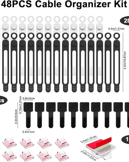 48Pcs Cord Organizer Kit, Reusable Silicone Cable Ties, Strong Adhesive Cable Clips for Cable Management, Multipurpose Wire Management for Bundling and Fastening Various Wires (Black, White)