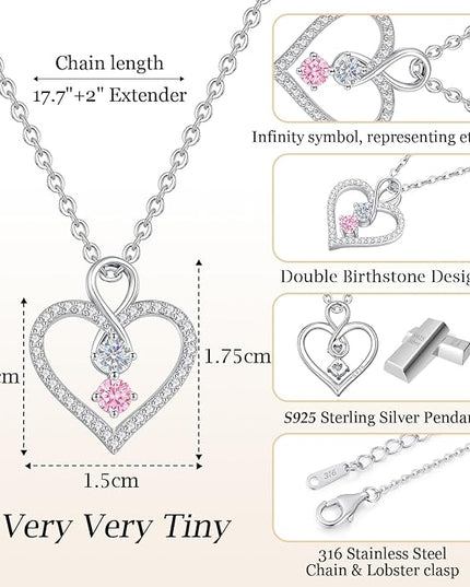LOUISA SECRET Infinity Double Birthstone Necklace, 925 Sterling Silver Tiny Pendant Heart Necklace for Women Wife Her, Best Jewelry Gift Heart Jewelry Meaningful Gift for Valentine's Day, Christmas, Birthday Anniversary