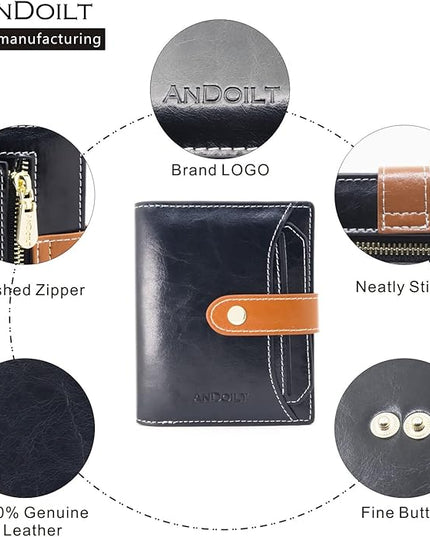 ANDOILT Wallets for Women Genuine Leather Small Bifold Wallet RFID Blocking Card Case Purse with ID Window Coin Pocket | Small, RFID Blocking, Card Case, Purse, with ID Window, Coin Pocket